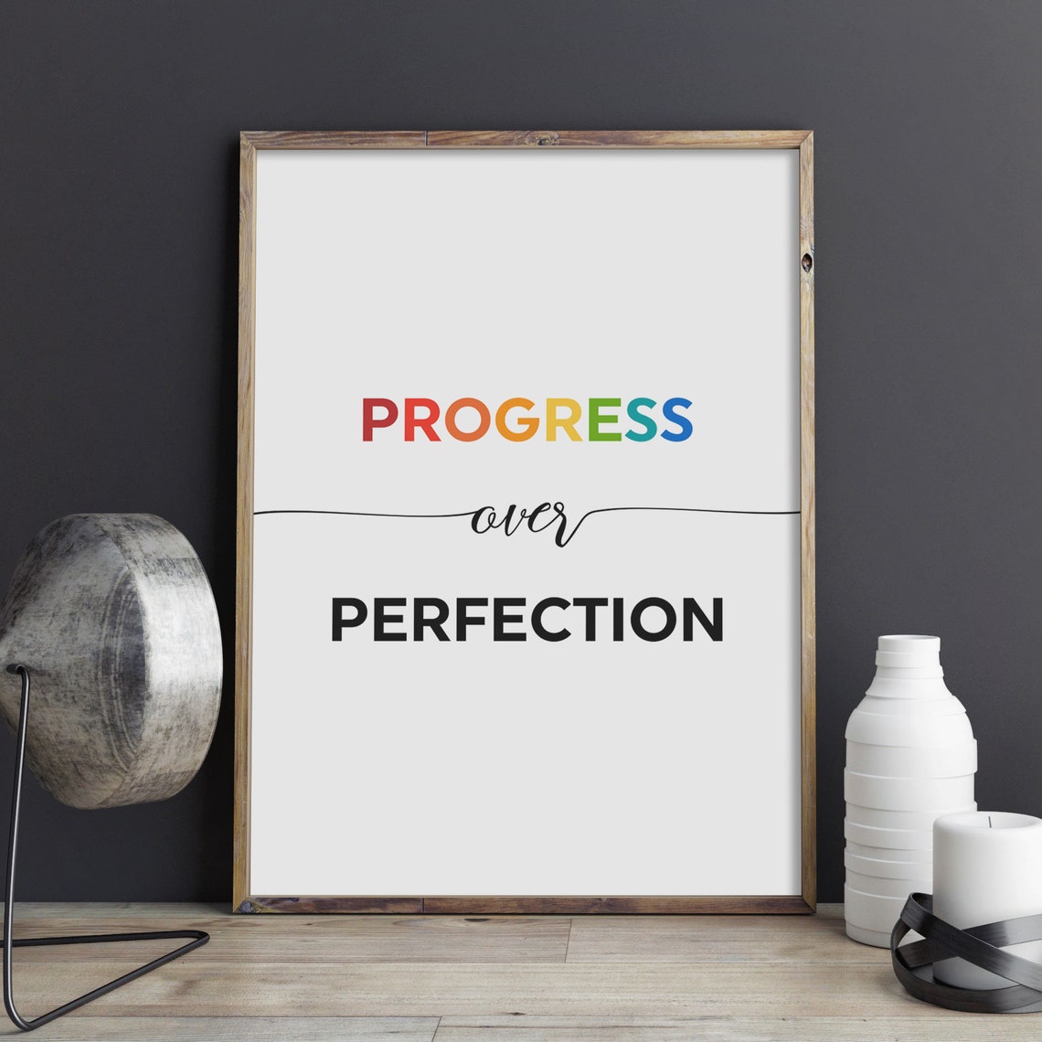 Progress Over Perfection Rainbow Uplifting Mantra Quote Poster - Image 2