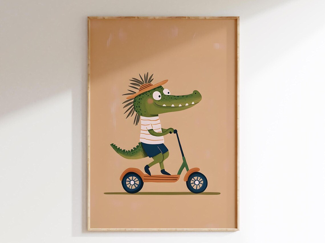 Cute Alligator in Straw Hat Riding an Orange Scooter Animal Poster