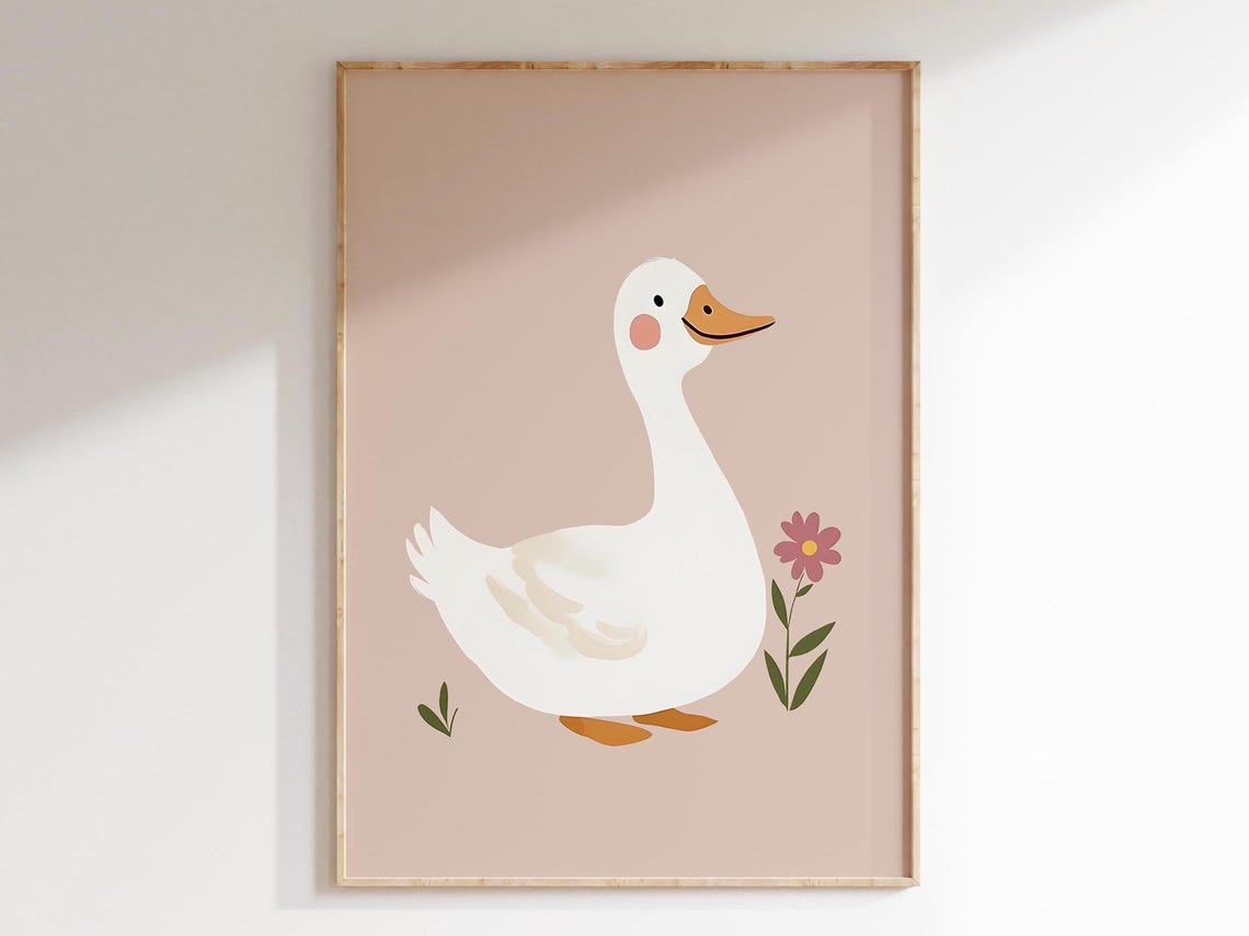 Silly White Goose With Pink Flower on Dusty Pink Nursery Poster