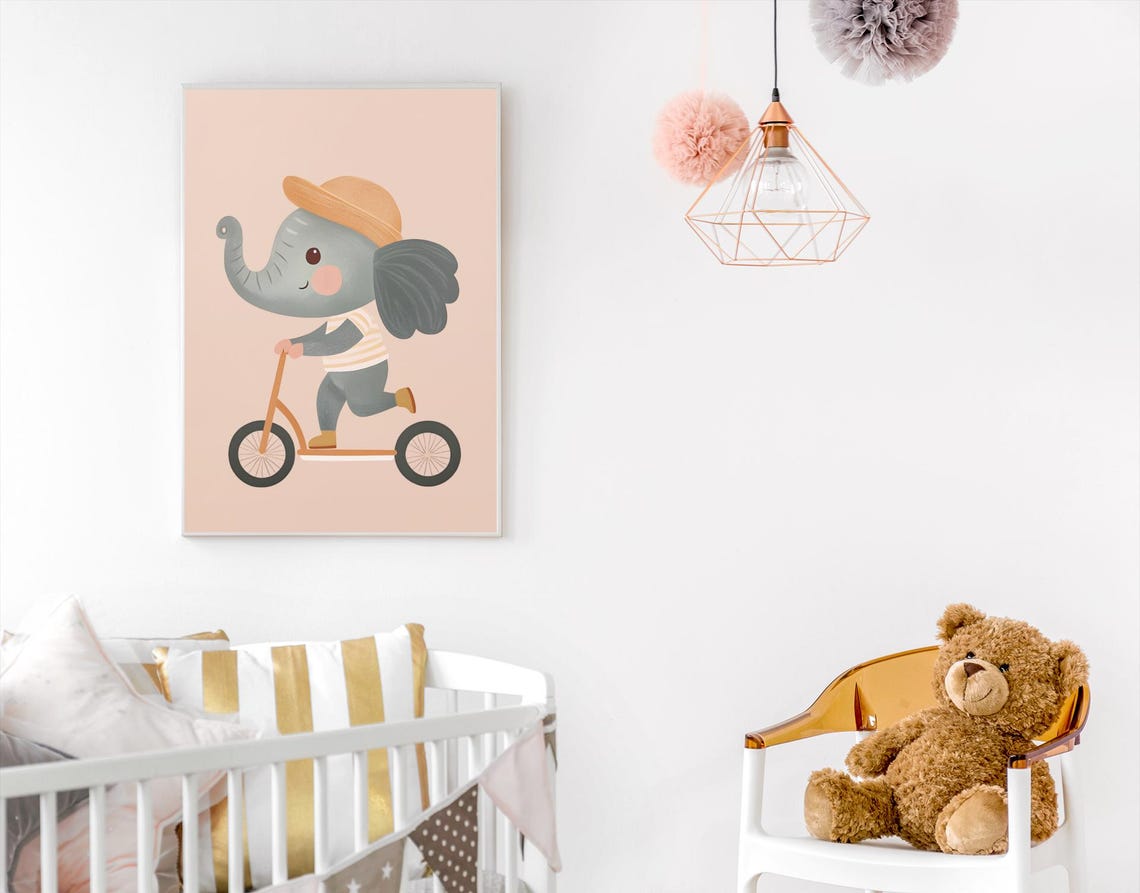 Sweet Elephant in Tan Hat Riding an Orange Scooter Nursery Poster Art - Image 2