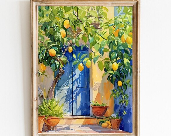 Mediterranean Lemon Tree by Blue Door Watercolor Painting Poster