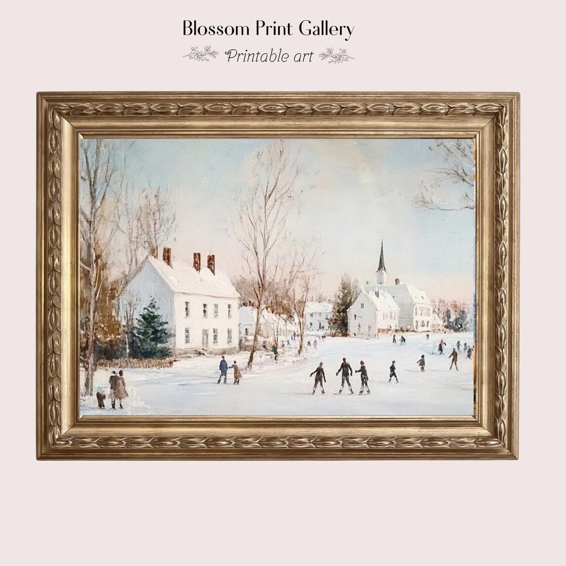 Snowy Village Church Ice Skaters On Frozen Pond Winter Scene Poster