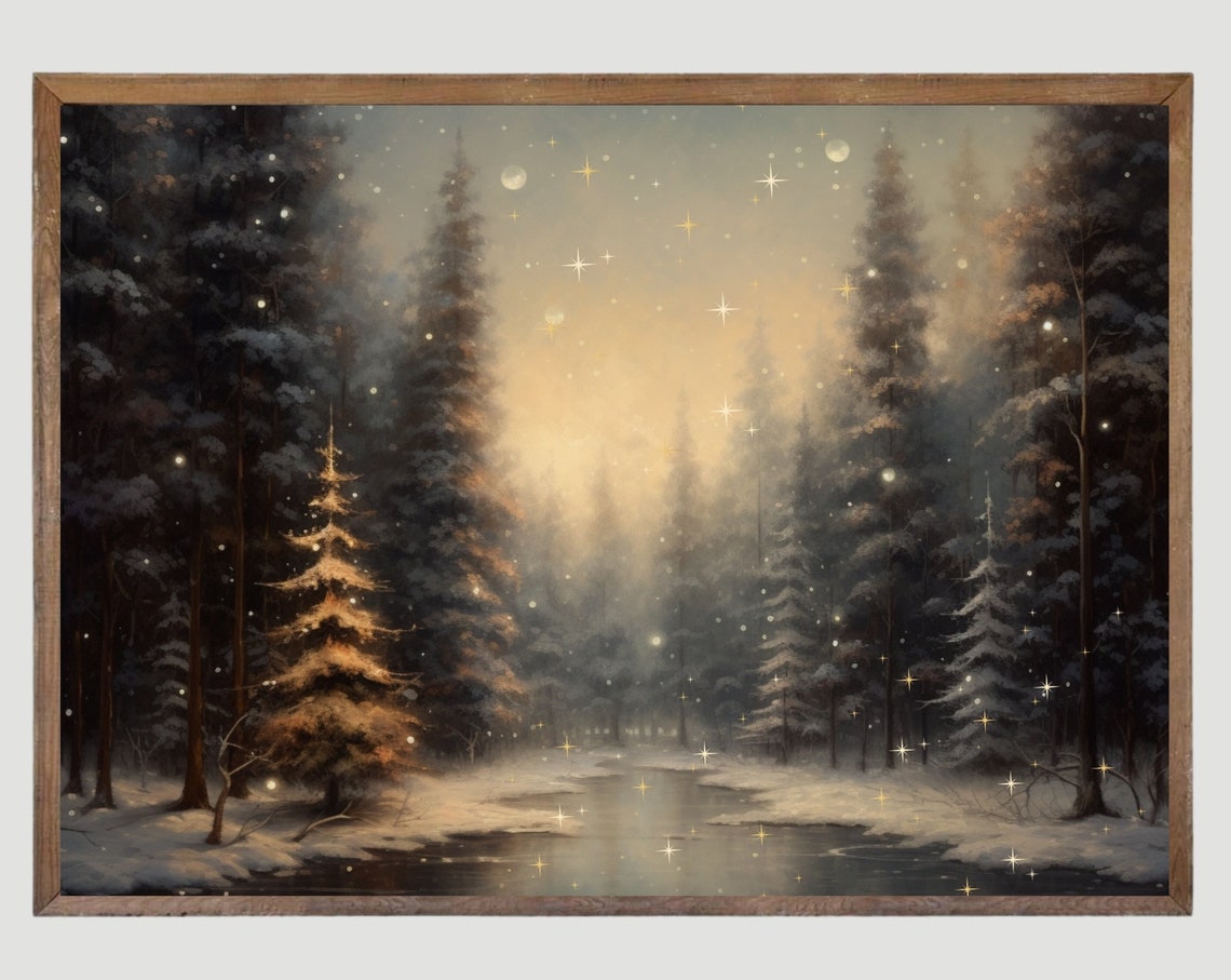 Snowy Pine Forest With Golden Starlight And Pond Winter Poster