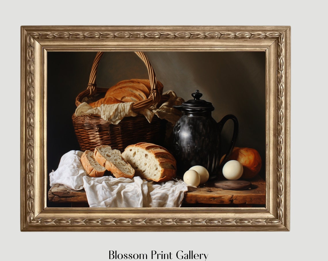 Rustic Bread Basket with Eggs and Pitcher Kitchen Still Life Wall Art