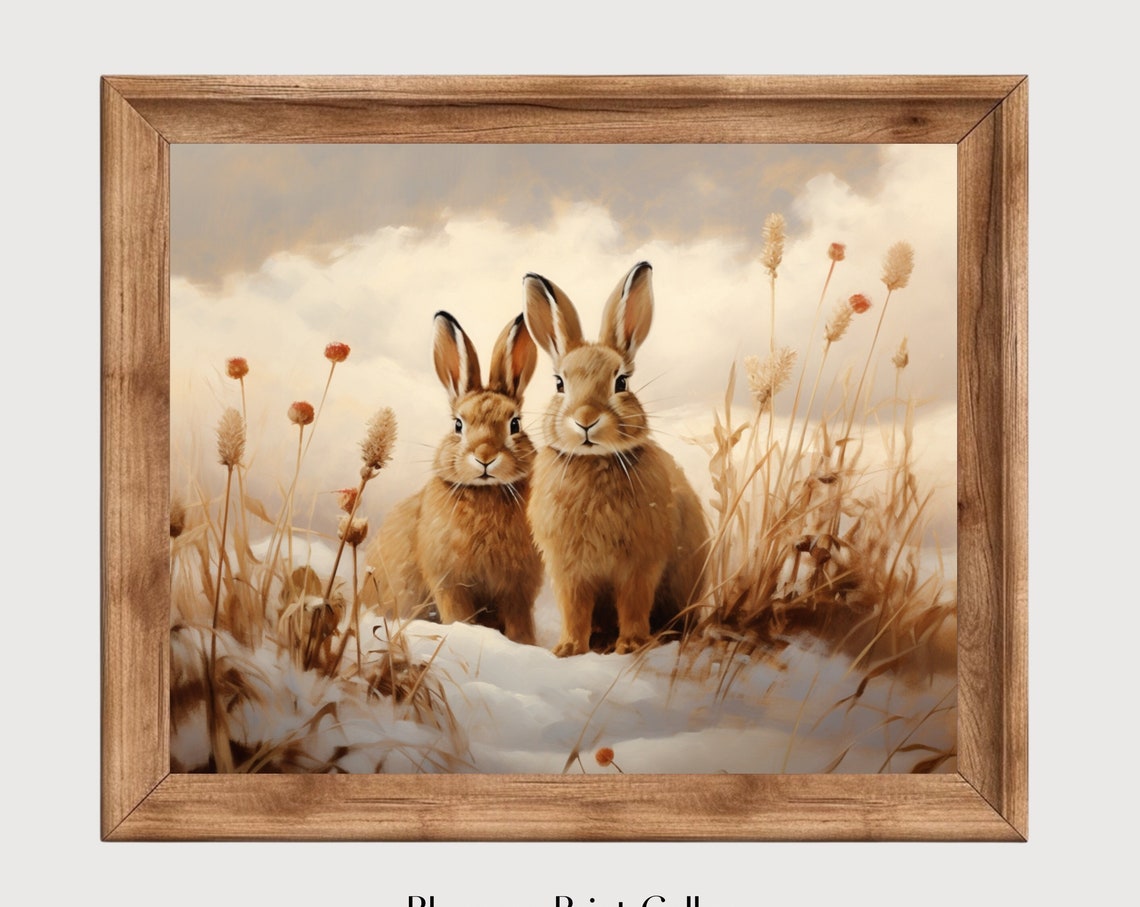 Two Brown Hares In Snowy Winter Field Wildlife Painting Poster