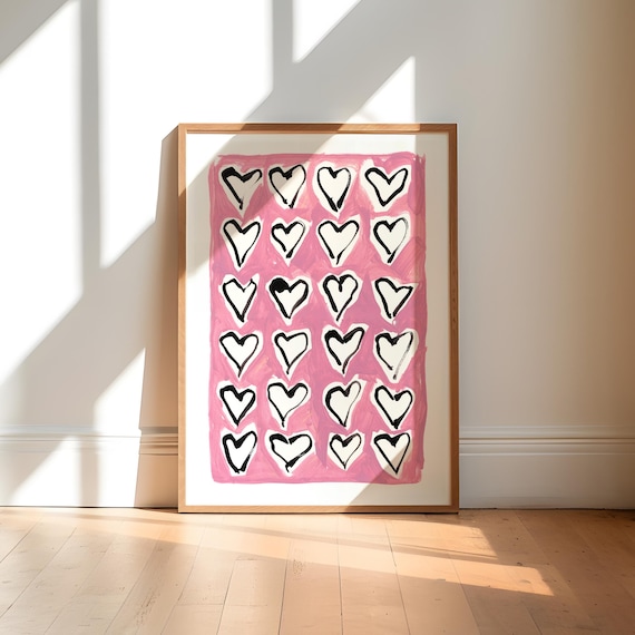 Hand Painted Pink Hearts Pattern Playful Girls Room Decor Art Print