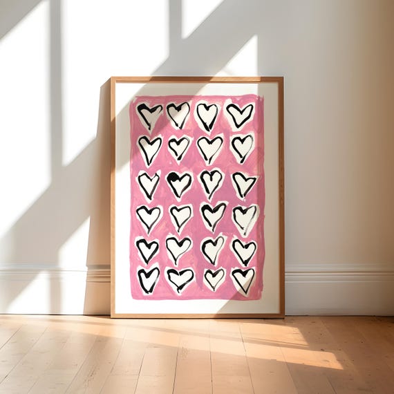 Hearts Pink Print Art Hand Painted Wall Decor Bedroom Girls