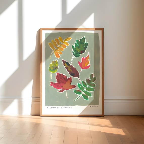Hand Painted Autumn Leaves Sage Green Botanical Fall Art Poster
