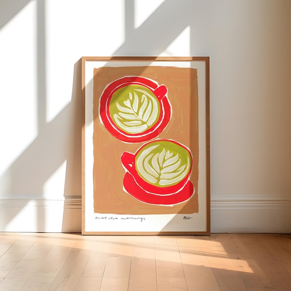 Matcha Mornings Two Red Cups Latte Art Kitchen Illustration Poster