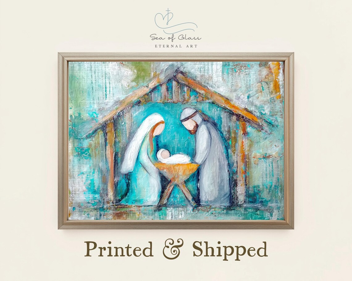 Modern Abstract Teal Nativity Scene Expressive Holy Family Poster