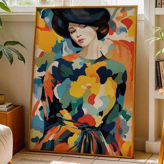 Colorful Abstract Woman Portrait In A Black Hat Modern Art Poster