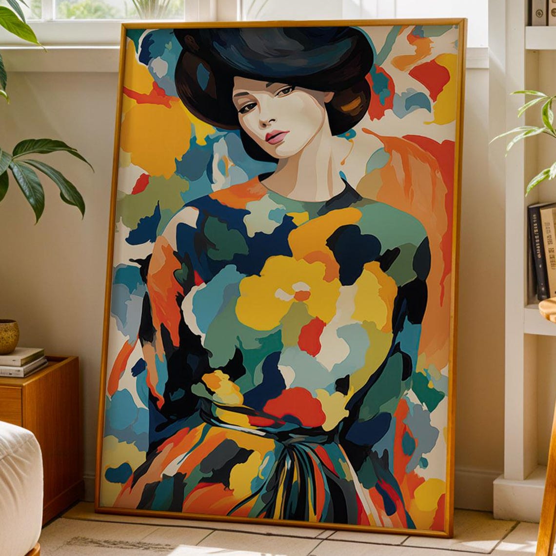 Colorful Abstract Woman Portrait In A Black Hat Modern Art Poster