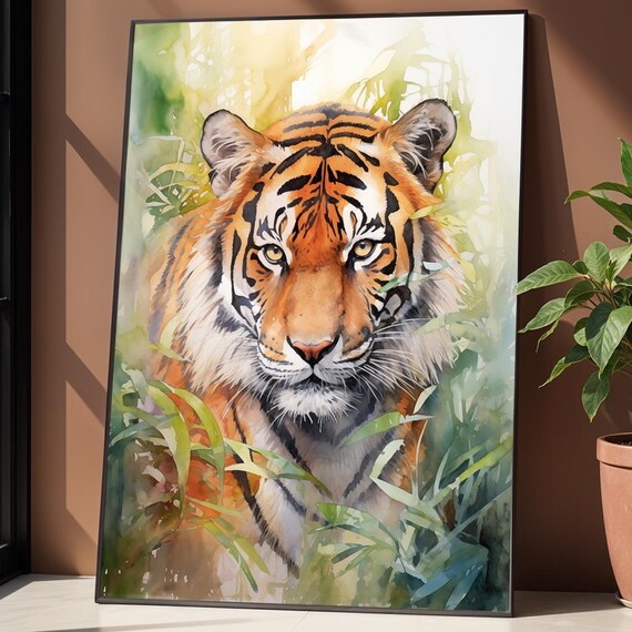 Watercolor Tiger Wall Print Bold Jungle Animal Art Poster Orange And Green Wildlife For Nursery Or Office Decor