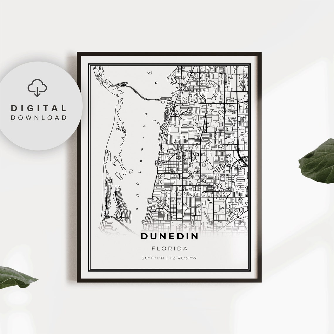 Dunedin Florida Coastal City Street Map Poster with Coordinates