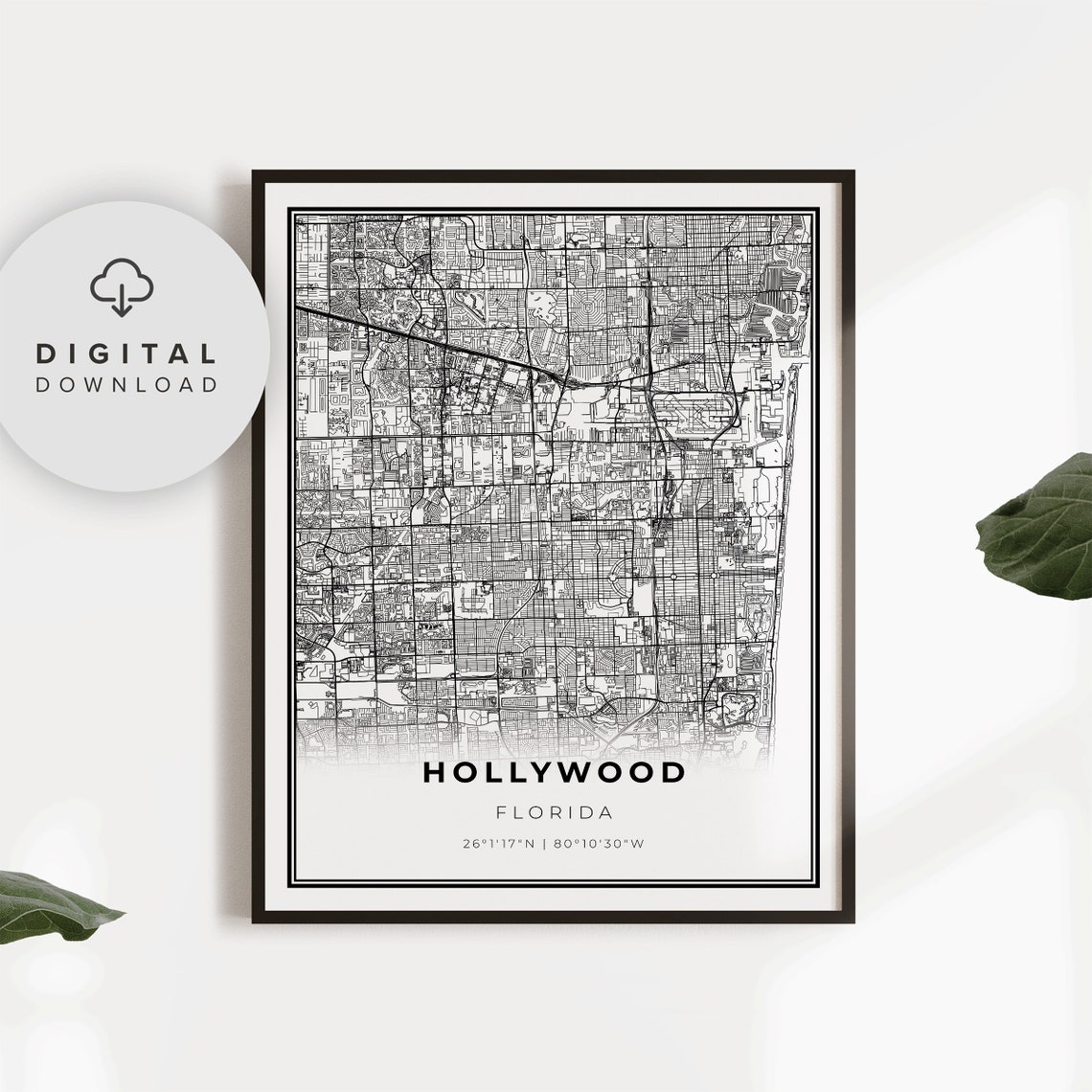 Hollywood Florida Minimalist Black And White City Map Poster