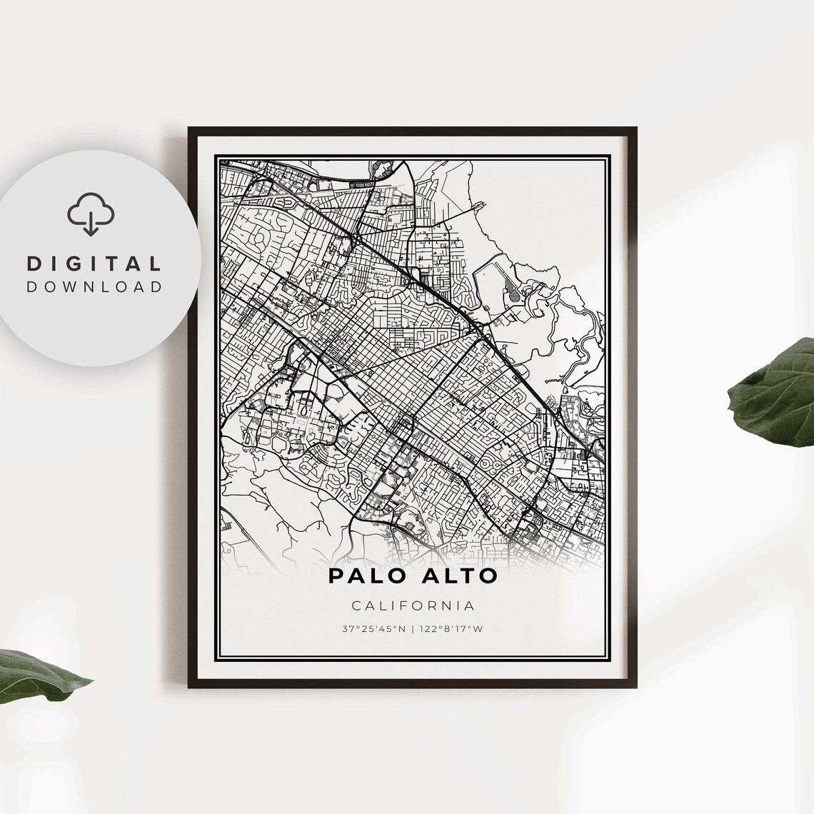 Palo Alto California City Street Roads Map Print for Modern Home Decor