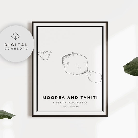 Moorea And Tahiti Map Print French Polynesia Art Poster City Street Road Etsy Np756