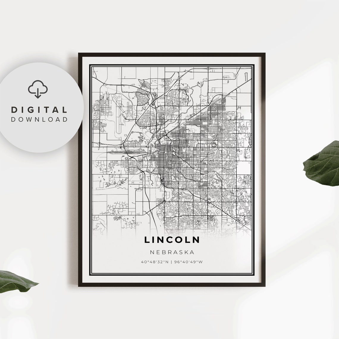 Lincoln Nebraska City Street Map Minimalist Poster With Coordinates