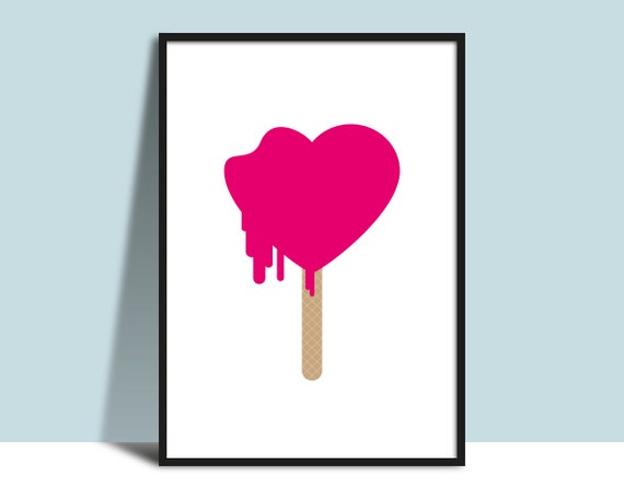 Love Heart Wall Art Printable Bold Graphic Print Modern Pink Popsicle Illustration Poster Heart Melting Ice Cream Design