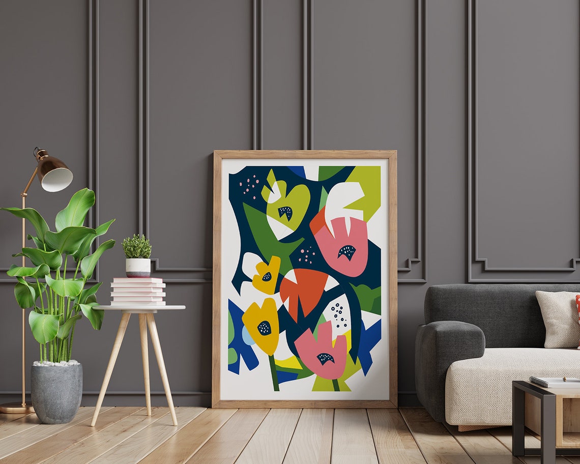 Bold Pink Green Yellow Modern Abstract Flower Collage Poster - Image 2