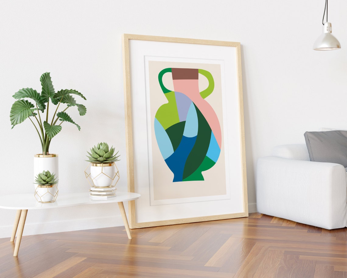 Abstract Patchwork Vase in Pink Green and Blue Geometric Poster - Image 3