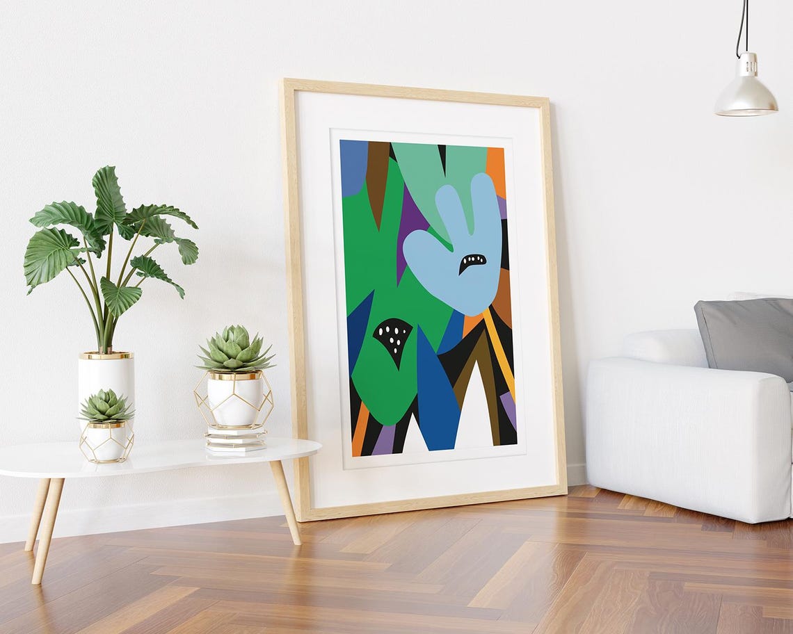 Bold Abstract Botanical with Big Blue Flower Green Leaves Poster - Image 3