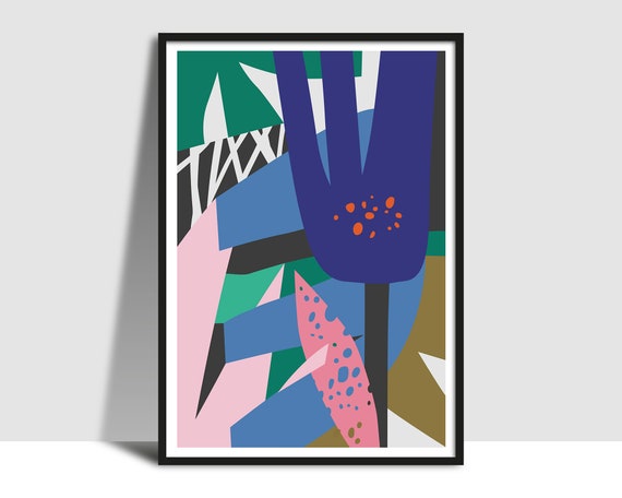 Printable Blue Flower And Leaves Collage Wall Art Botanical Flower Illustration Poster Bright Bold Green Royal Blue And Pink Print