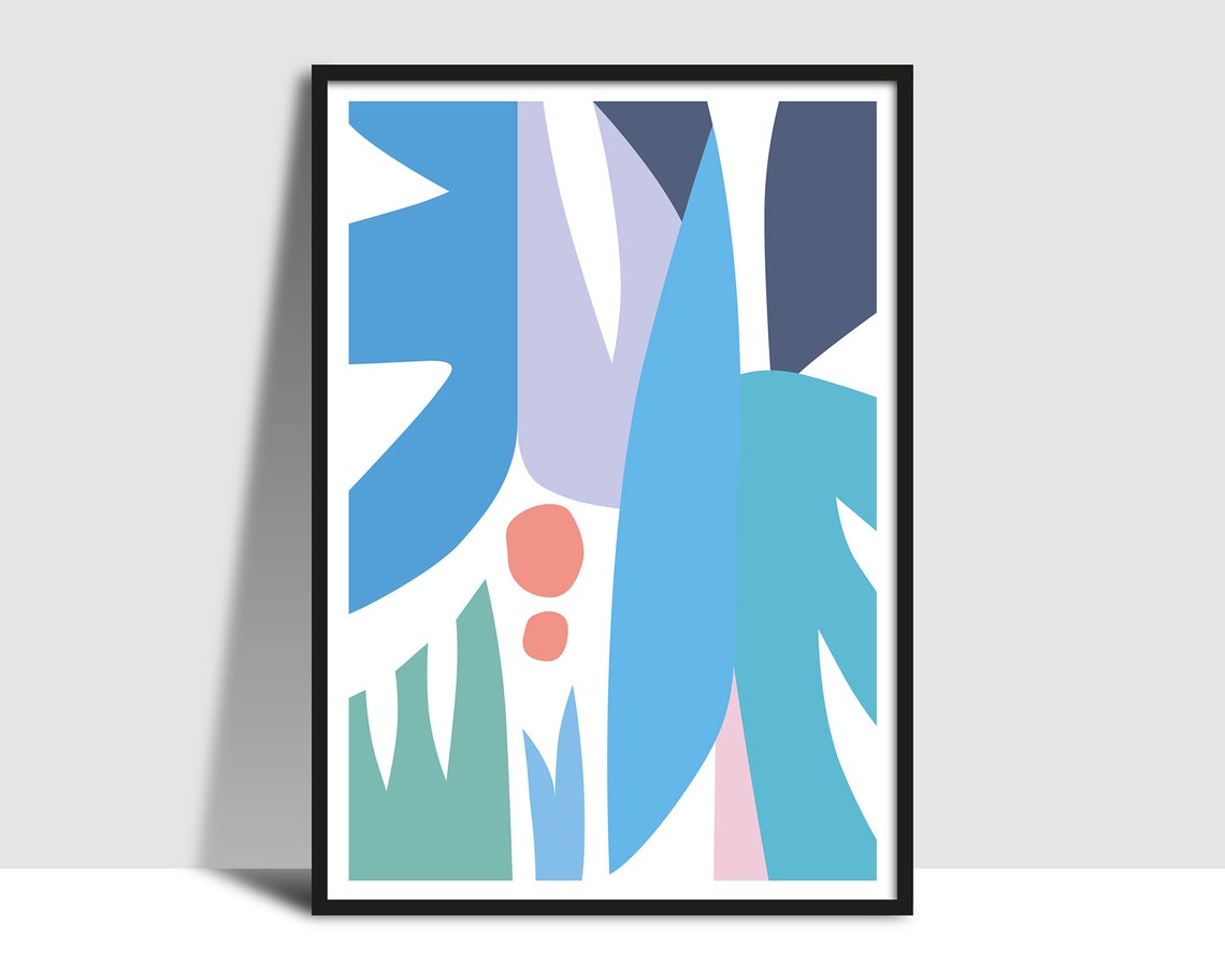 Soft Blue and Green Leaf Shapes with Coral Dots Abstract Poster