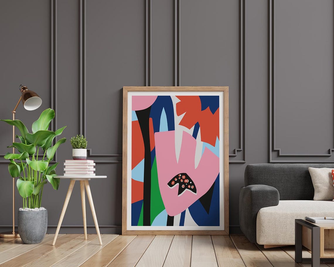 Oversized Pink Abstract Flower on Vibrant Red and Blue Poster - Image 2
