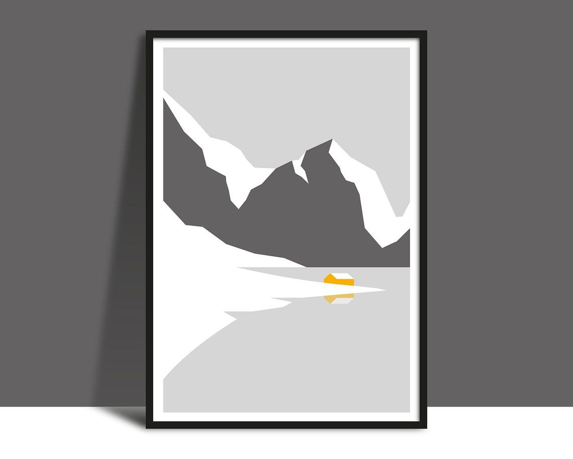Snowy Mountain Peak Tiny Yellow Cabin Minimal Winter Wall Art