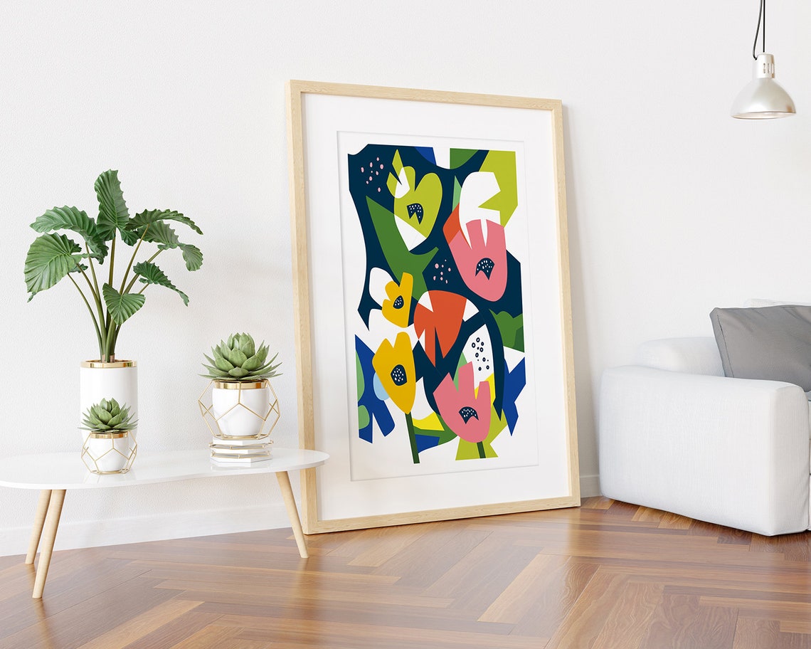 Bold Pink Green Yellow Modern Abstract Flower Collage Poster - Image 3