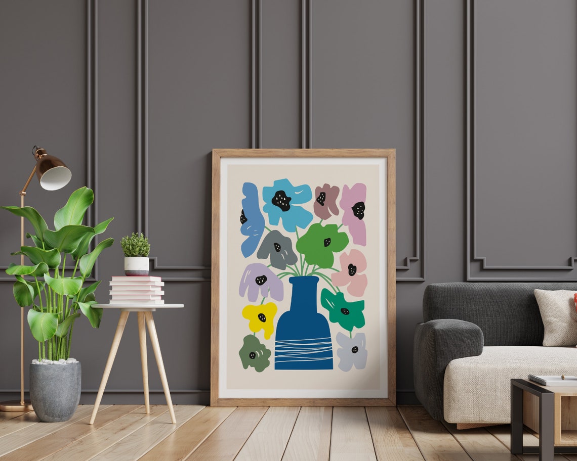 Blue Vase Colorful Hand Drawn Flowers Floral Collage Wall Art - Image 2