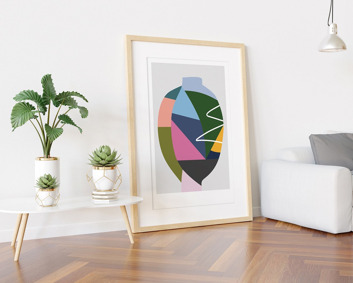 Geometric Color Block Vase with White Zigzag Line Art Poster - Image 3