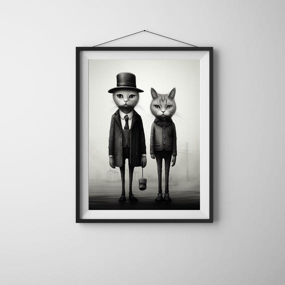 Gothic Cats Vintage Suits Top Hat Funny Black White Feline Portrait Art Poster
