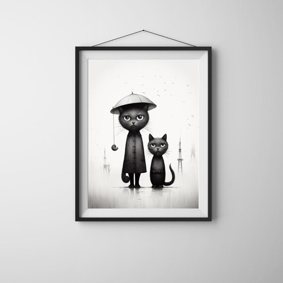 Rainy Day Black Cats Umbrella Whimsical Monochrome Illustration Poster