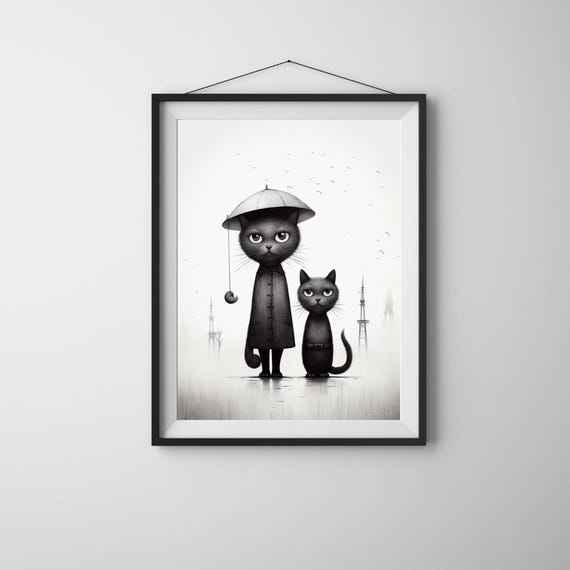 Rainy Day Cat Art Print Whimsical Black And White Illustration