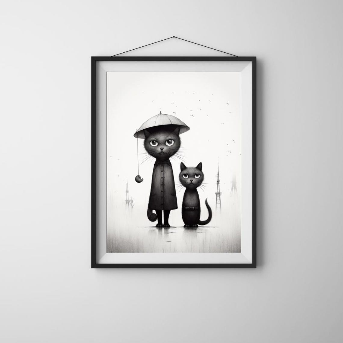 Rainy Day Cat Art Print Whimsical Black And White Illustration