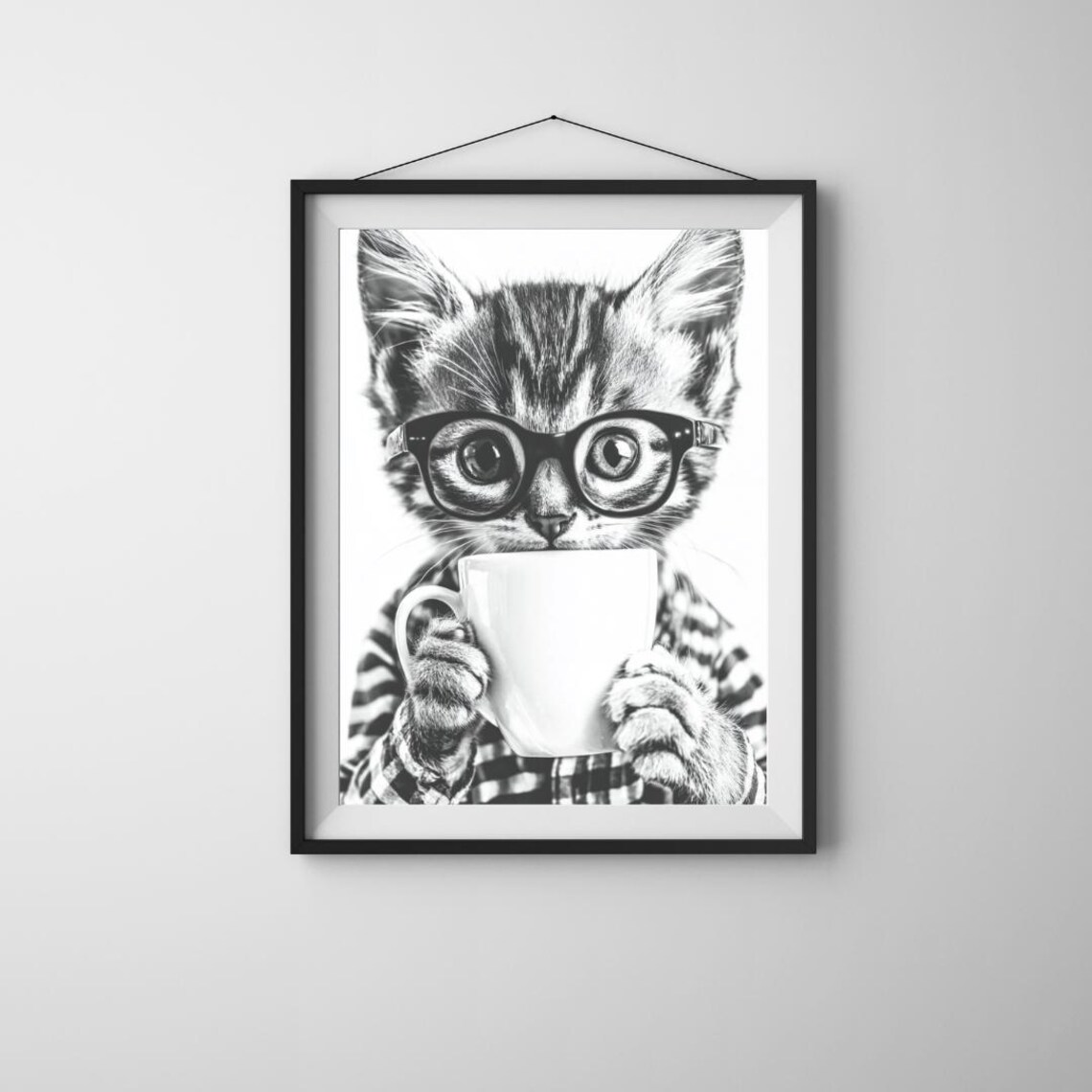 Intellectual Kitten Glasses Coffee Cup Black White Cute Cat Portrait Poster
