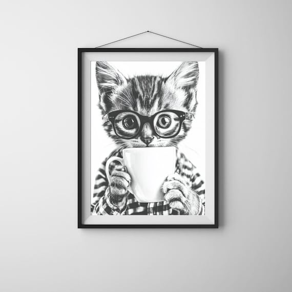 Intellectual Kitten Glasses Coffee Cup Black White Cute Cat Portrait Poster