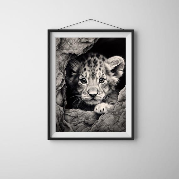 Hidden Lion Cub Print Black White Safari Nursery Art