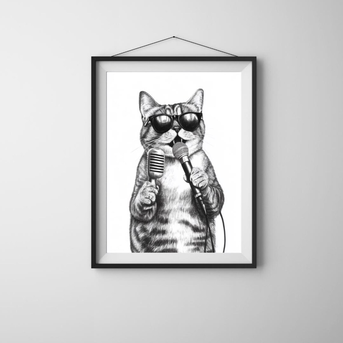 Rockstar Tabby Cat Two Microphones Sunglasses Black White Music Art Poster