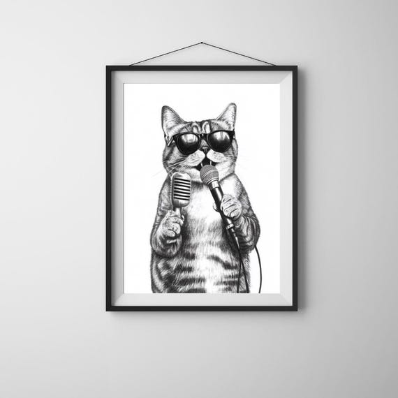 Rockstar Cat Art Print Funny Singing Tabby With Microphones