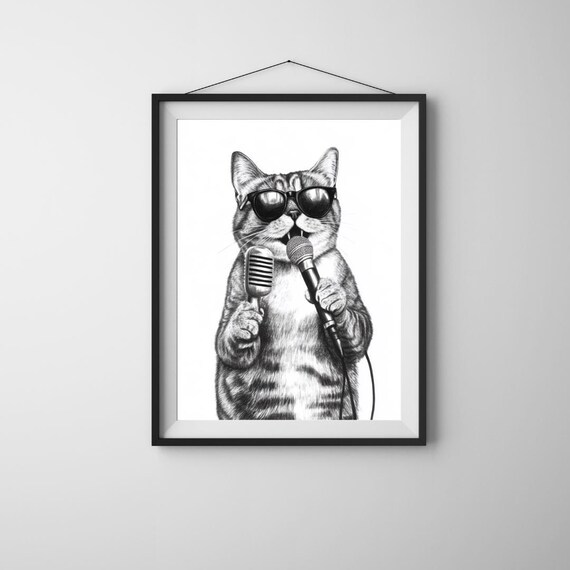 Rockstar Tabby Cat Two Microphones Sunglasses Black White Music Art Poster