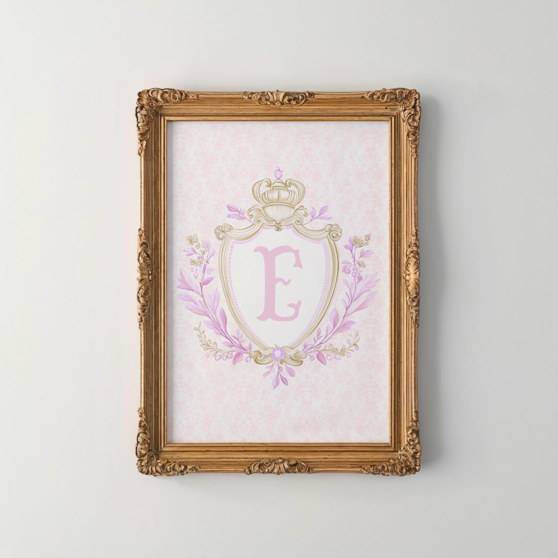 Initial E Pink Crest Coquette Floral Monogram Nursery Poster
