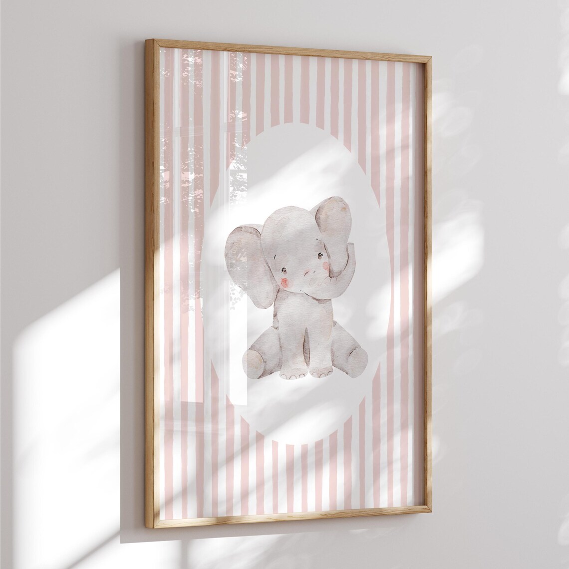 Sweet Baby Elephant Watercolor Pink Stripe Nursery Art Poster - Image 2