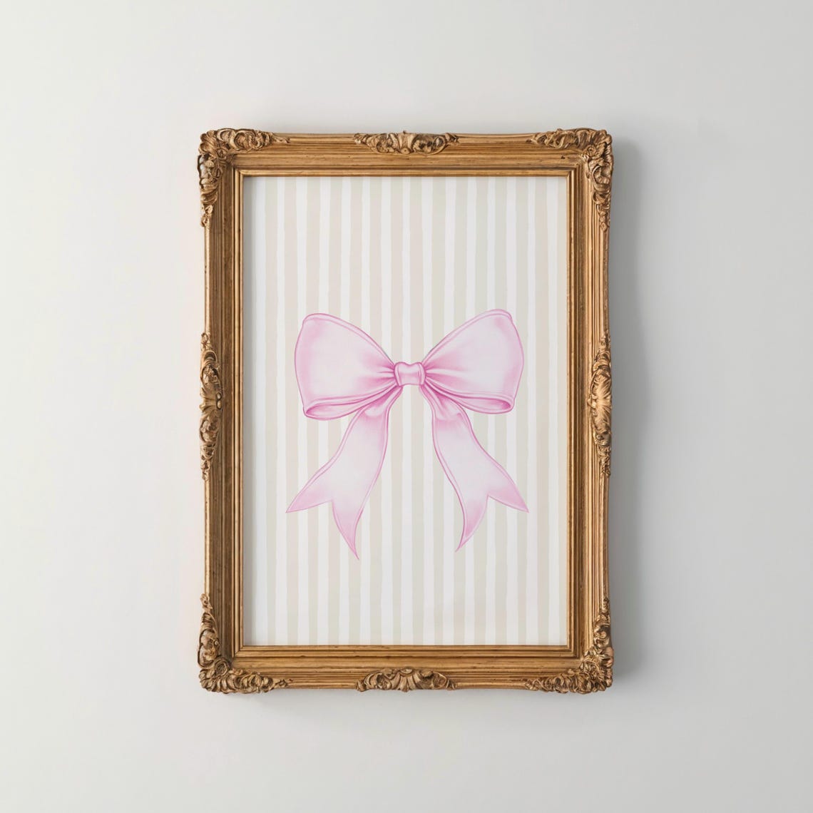 Elegant Pink Satin Bow Cream Striped Coquette Girly Art Print