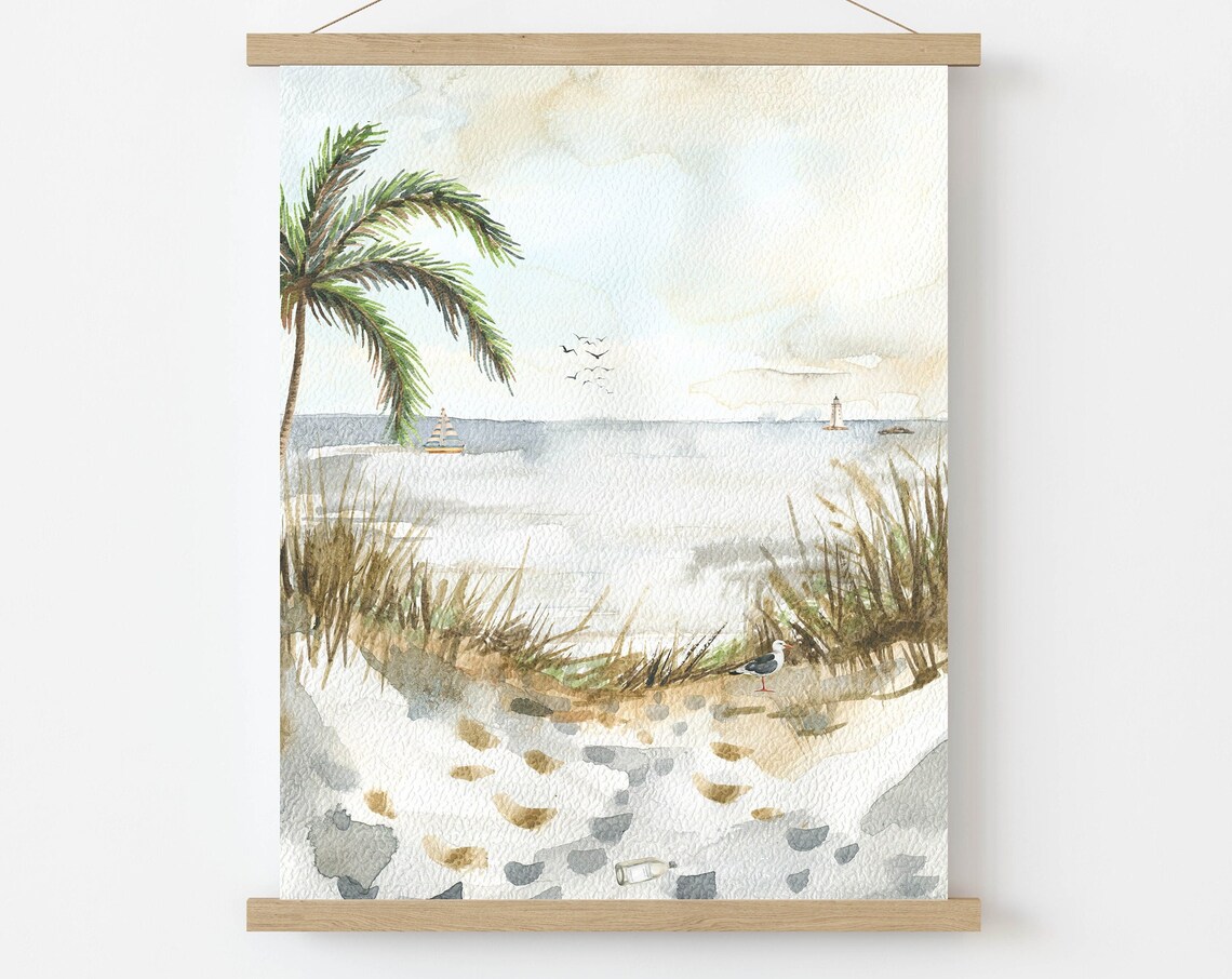 Beach Watercolor Seashore Palm Tree Seagull Sailboat Lighthouse Poster - Image 8