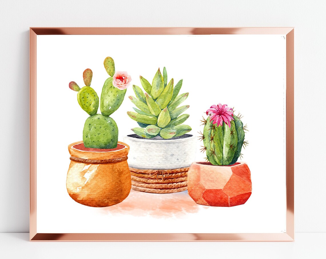 Potted Cactus and Succulent Trio Watercolor Botanical Art Poster