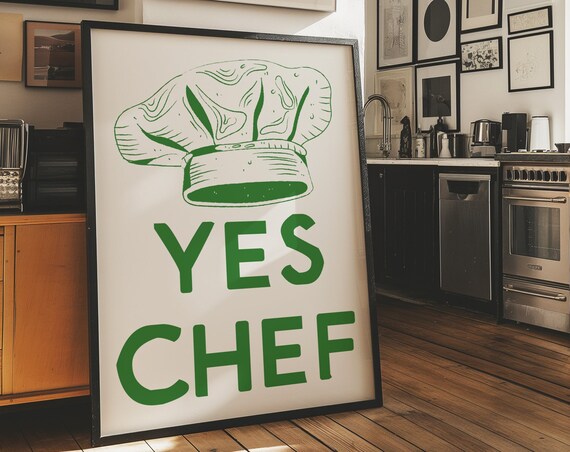 Yes Chef Green Typography Chefs Hat Kitchen Quote Retro Bar Wall Poster