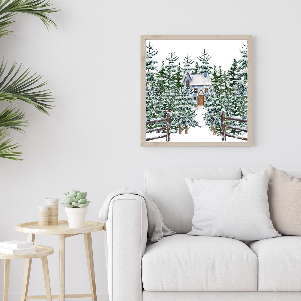 Blue Cabin Snowy Pines Wreath Door Winter Wonderland Watercolor Poster - Image 3